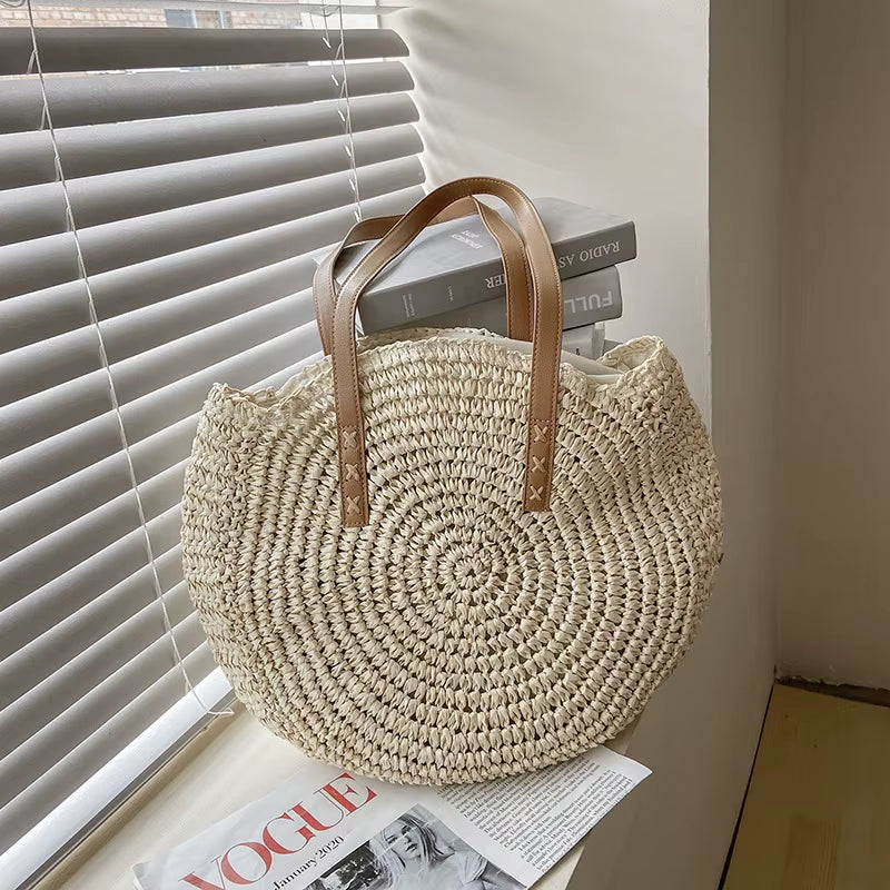 Summer round Straw Bags for Women Rattan Shoulder Bag Travel Handmade Woven Beach Handbags Female Large Capacity Totes Bag