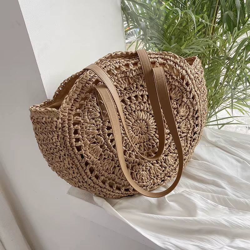 Summer round Straw Bags for Women Rattan Shoulder Bag Travel Handmade Woven Beach Handbags Female Large Capacity Totes Bag