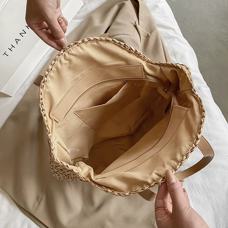 Summer round Straw Bags for Women Rattan Shoulder Bag Travel Handmade Woven Beach Handbags Female Large Capacity Totes Bag