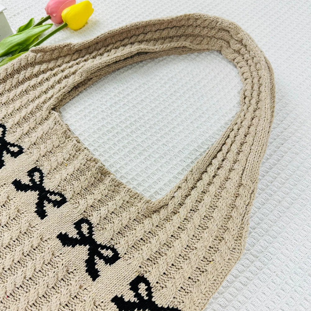 Women Aesthetics Handbag Large Capacity Bow Pattern Crochet Tote Bag Multifunctional Knitted Shopping Bag for Shopping Traveling