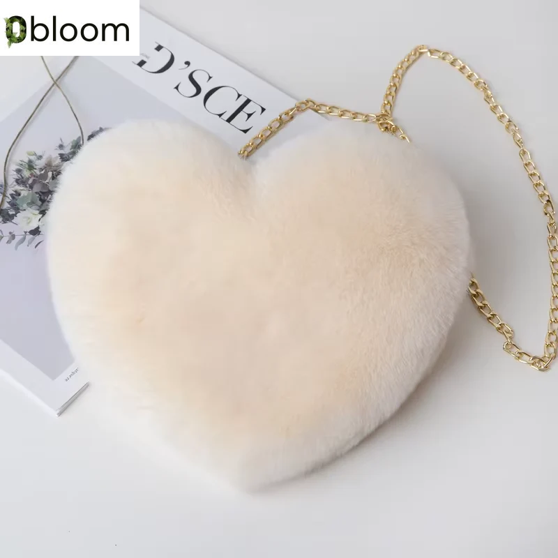 Fashion Women'S Heart Shaped Handbags Cute Faux Fur Crossbody Bags Lady Soft Plush Chain Shoulder Bag Shopper Totes
