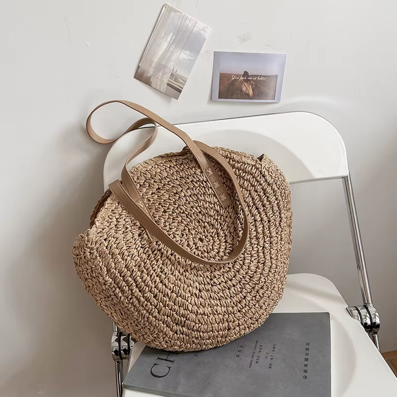Summer round Straw Bags for Women Rattan Shoulder Bag Travel Handmade Woven Beach Handbags Female Large Capacity Totes Bag