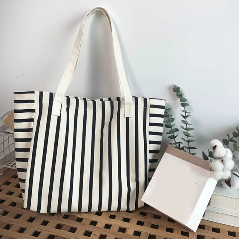 New Beach Tote Bag Fashion Women Canvas Summer Large Capacity Striped Shoulder Bag Tote Handbag Shopping Shoulder Bags ﻿