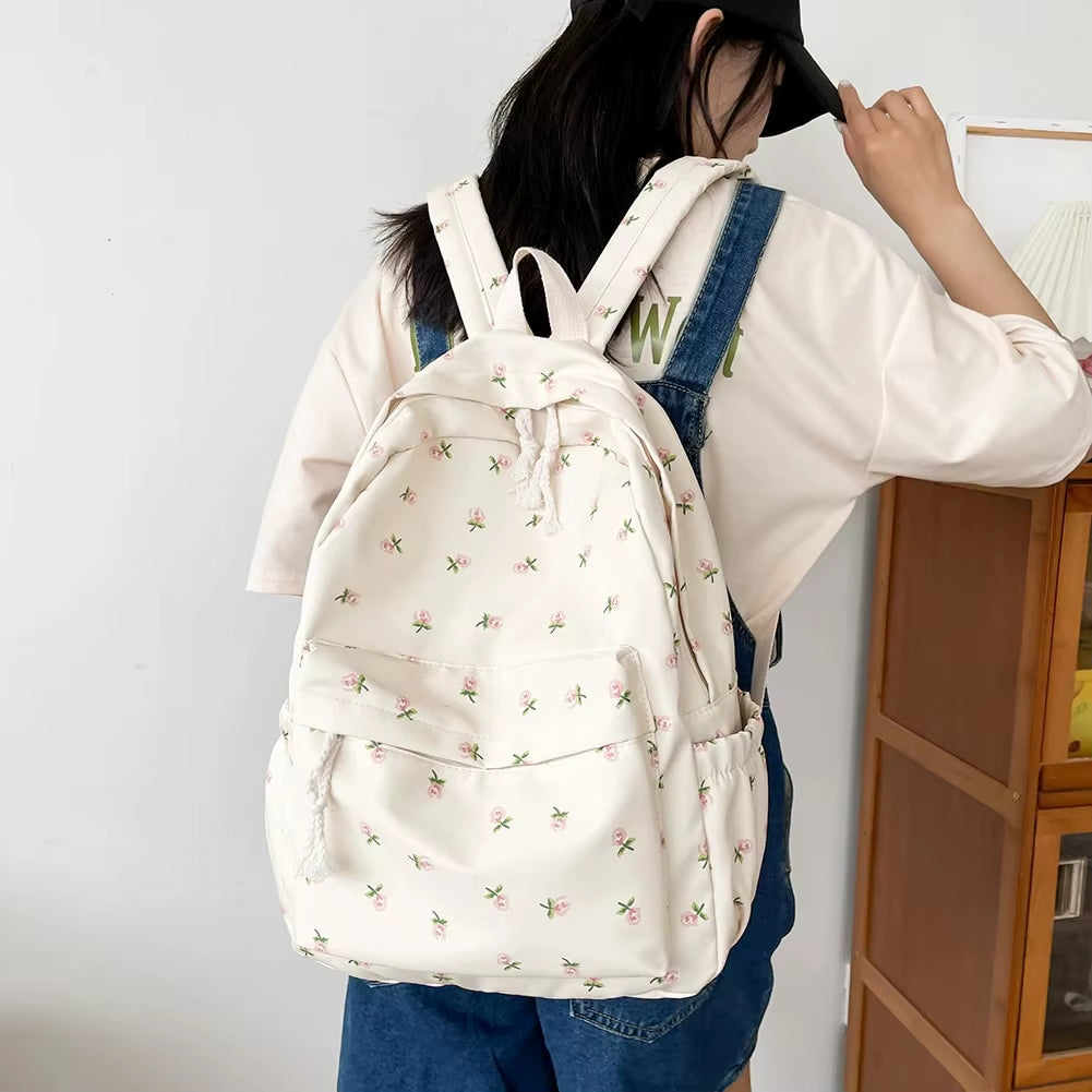 Korean Student School Backpack Floral White School Bags for Teenage Girls Cute Women'S Backpack Brand Book Bag Nylon Rucksack